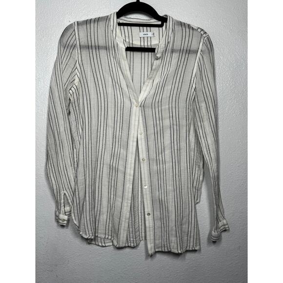 Vince Shirt Top Striped White Blue Cotton Blue Button Front Long Sleeve Sz 6 - Picture 1 of 4